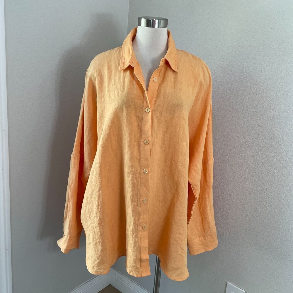NEW Solai Womens XL Orange‎ 100% Linen Oversized Button Up Shirt Long Sleeve Top